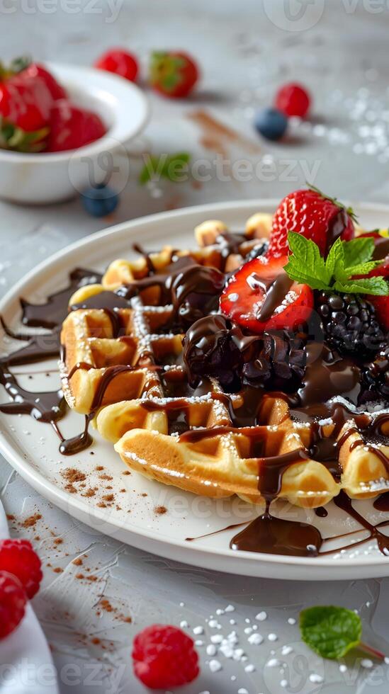 delicious Belgian waffles with chocolate-nut butter and berries photo
