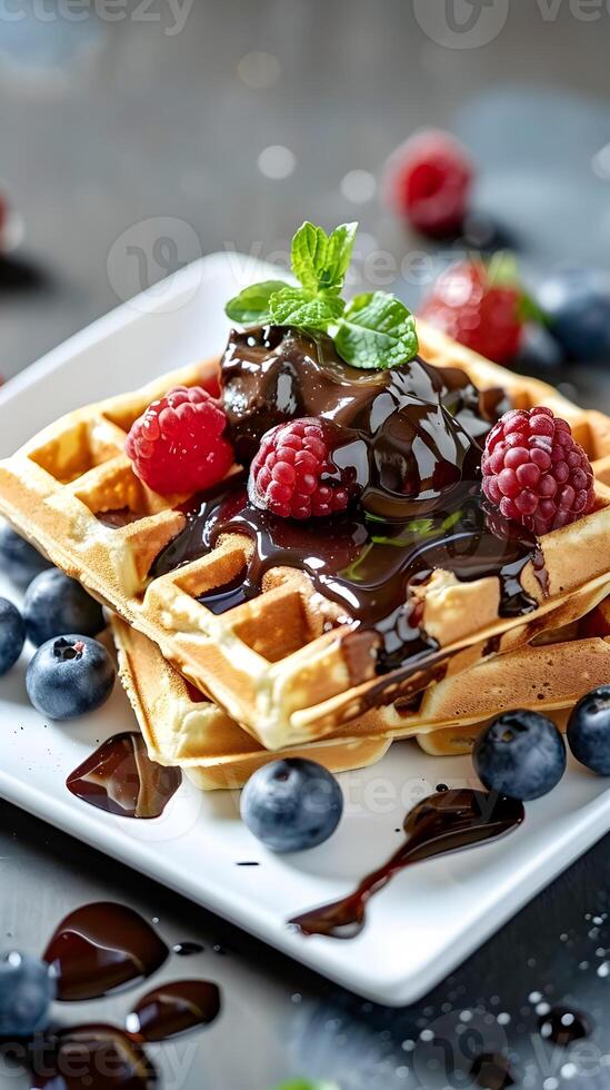 delicious Belgian waffles with chocolate-nut butter and berries photo