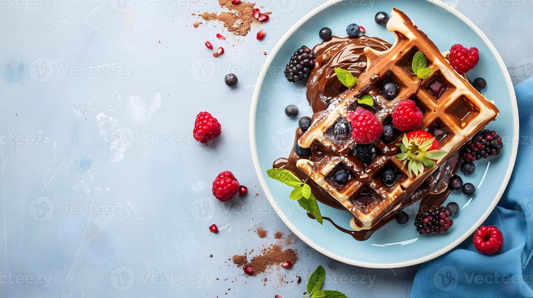 delicious Belgian waffles with chocolate-nut butter and berries photo