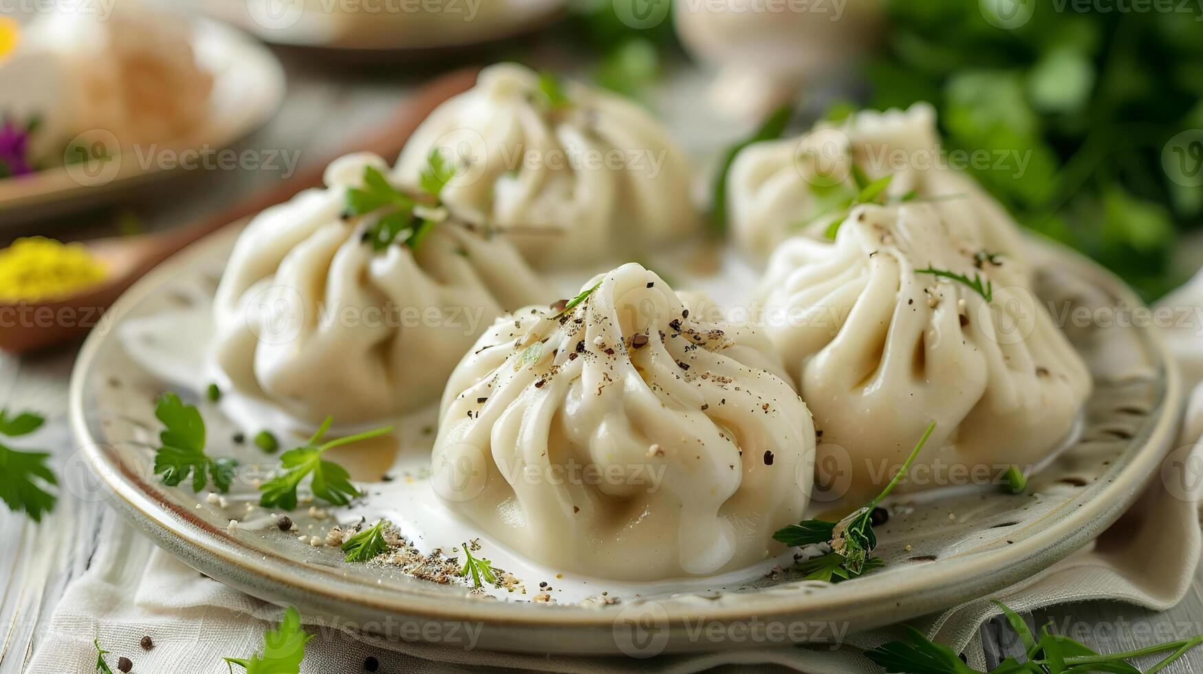 appetizing khinkali dumplings with herbs photo