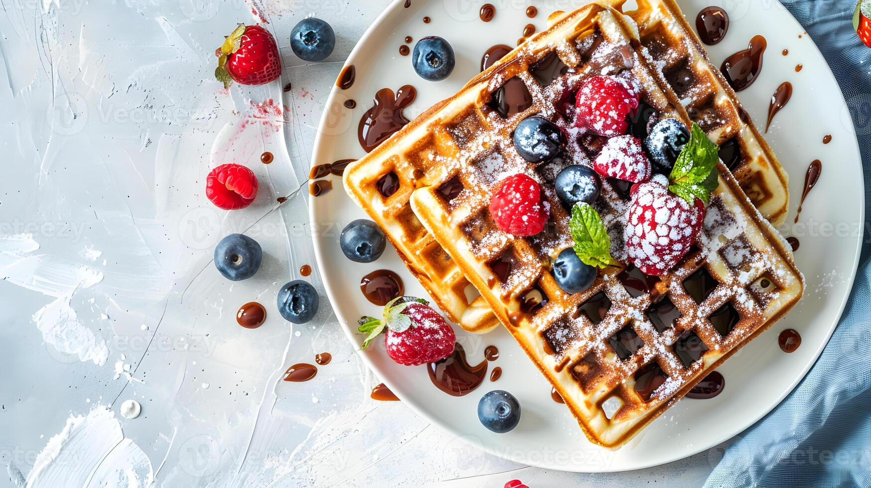 delicious Belgian waffles with chocolate-nut butter and berries photo