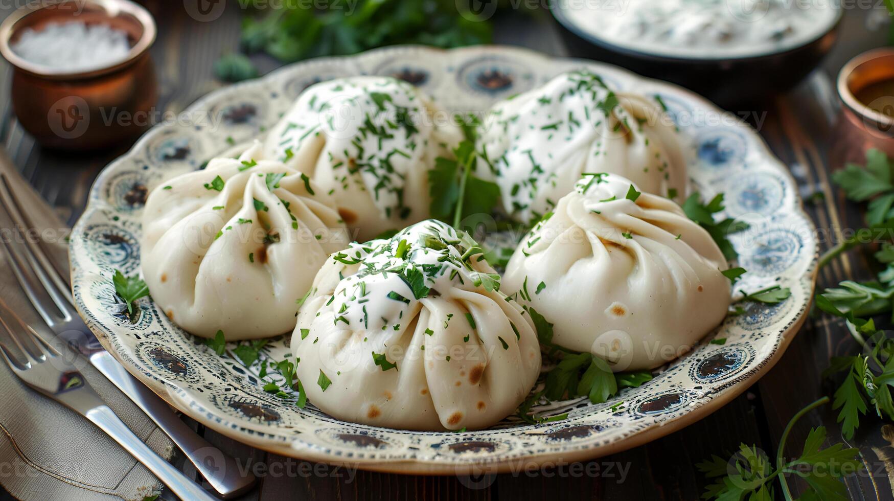 appetizing khinkali dumplings with herbs photo
