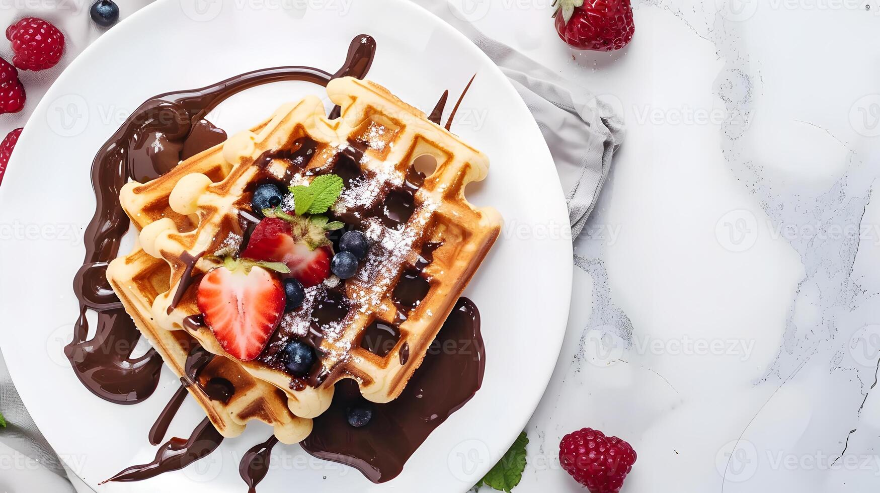delicious Belgian waffles with chocolate-nut butter and berries photo