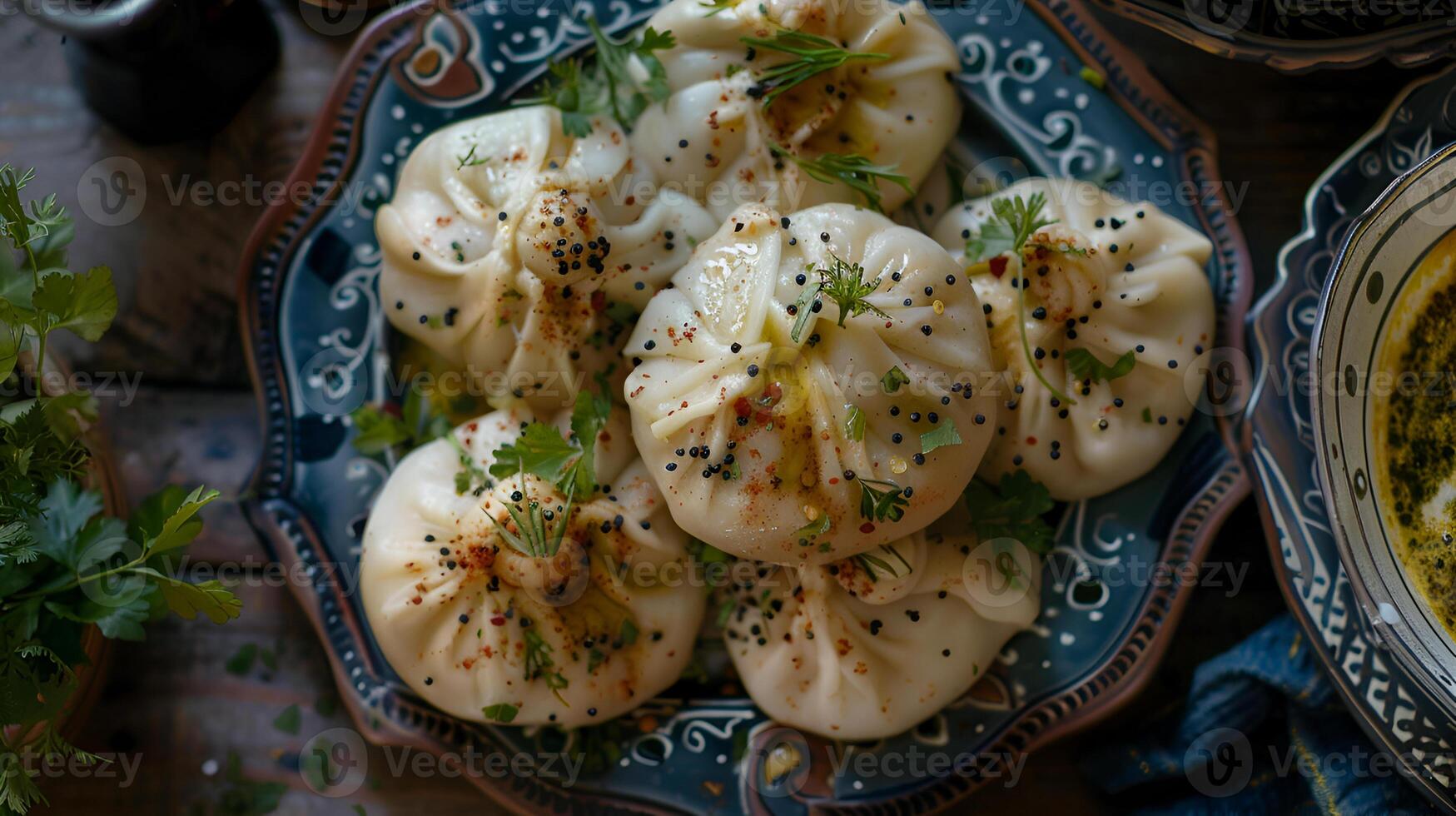 appetizing khinkali dumplings with herbs photo