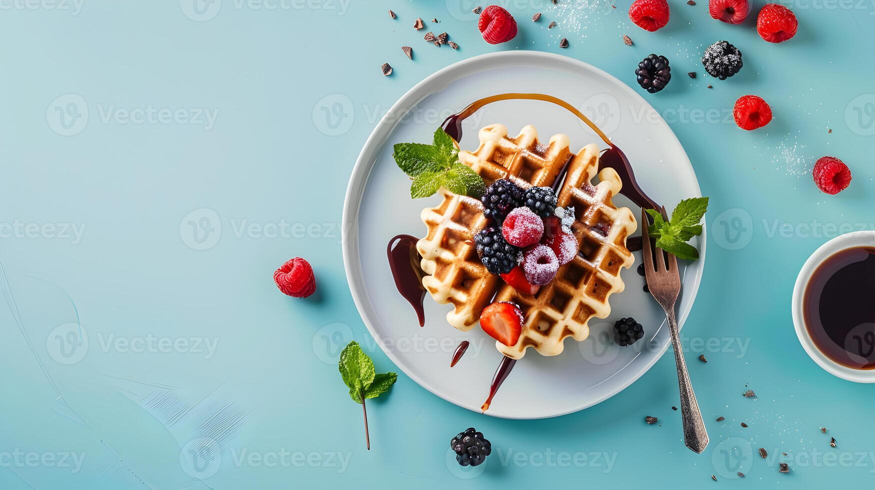 delicious Belgian waffles with chocolate-nut butter and berries photo