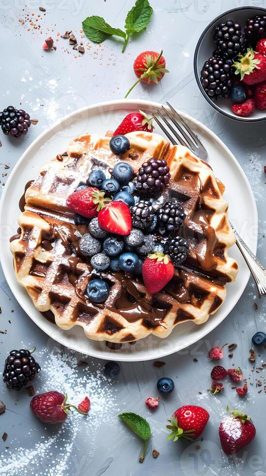 delicious Belgian waffles with chocolate-nut butter and berries photo