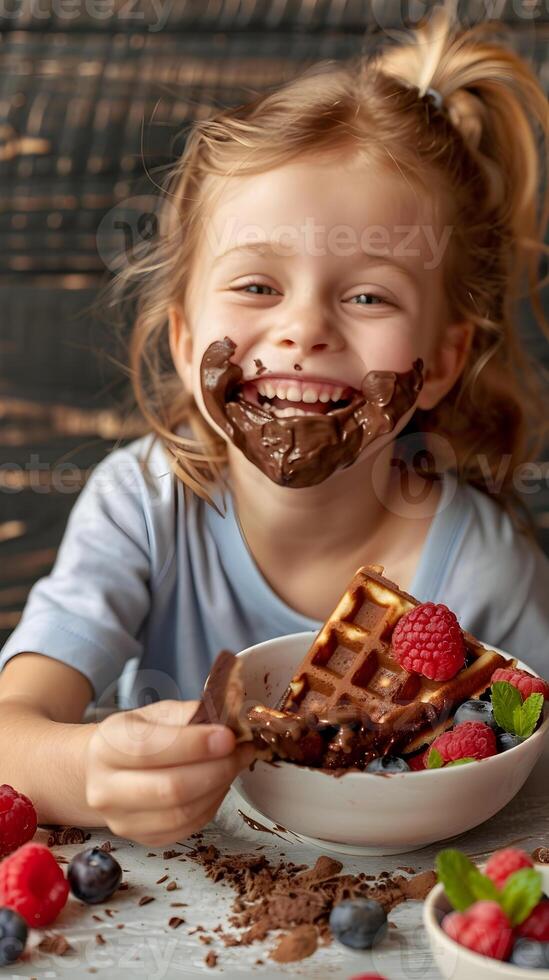 A joyful child eats delicious Belgian waffles with chocolate cream and berries photo