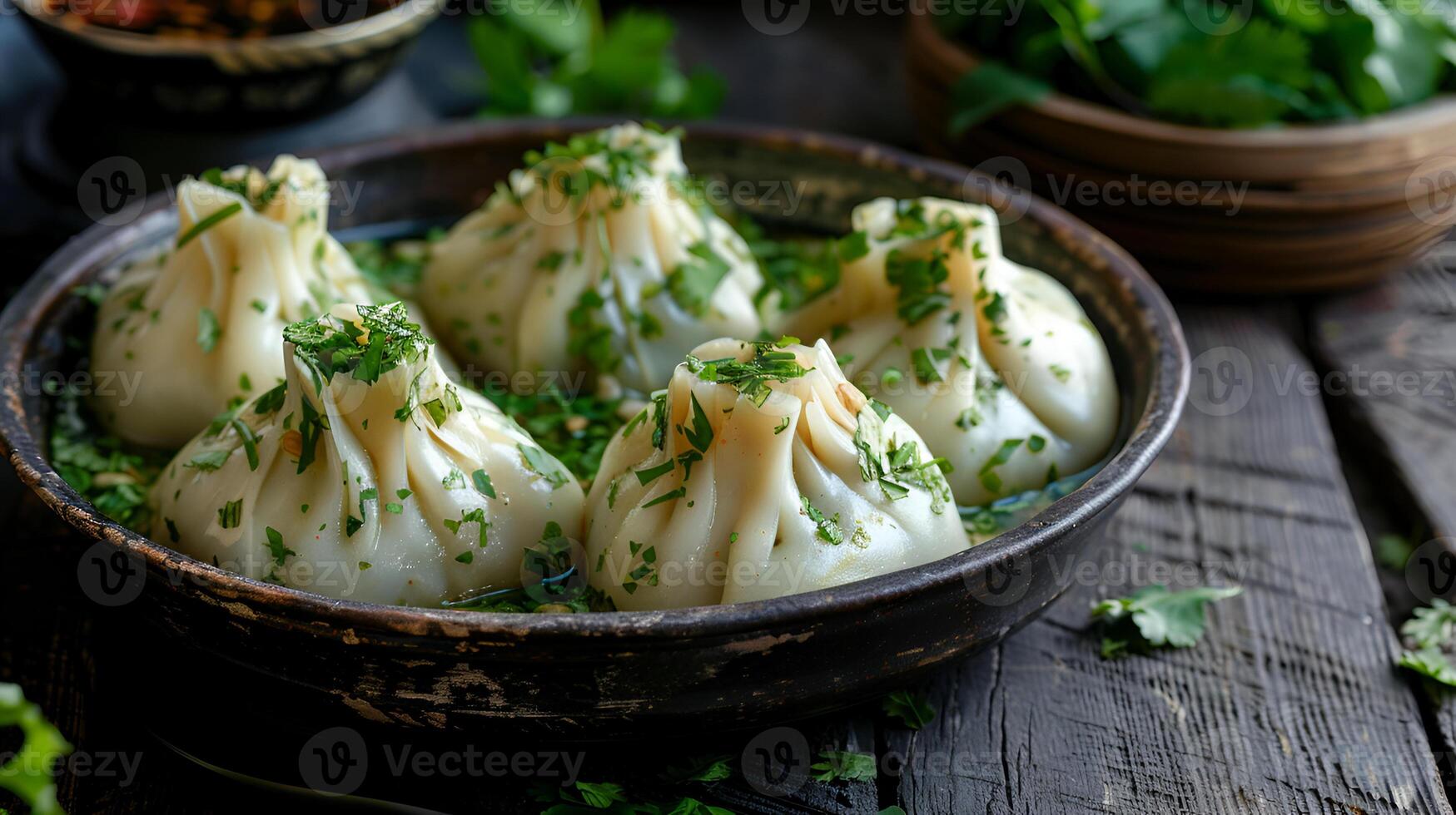appetizing khinkali dumplings with herbs photo