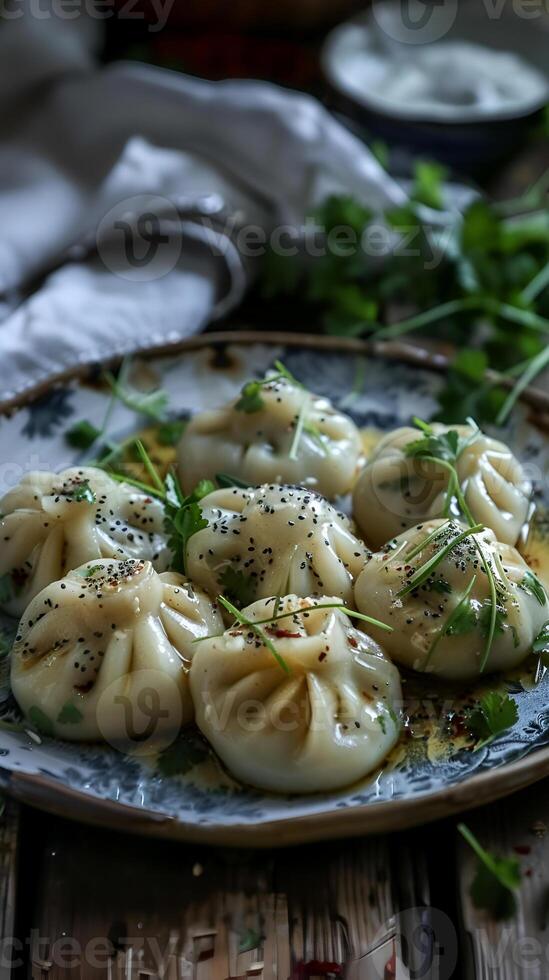 appetizing khinkali dumplings with herbs photo