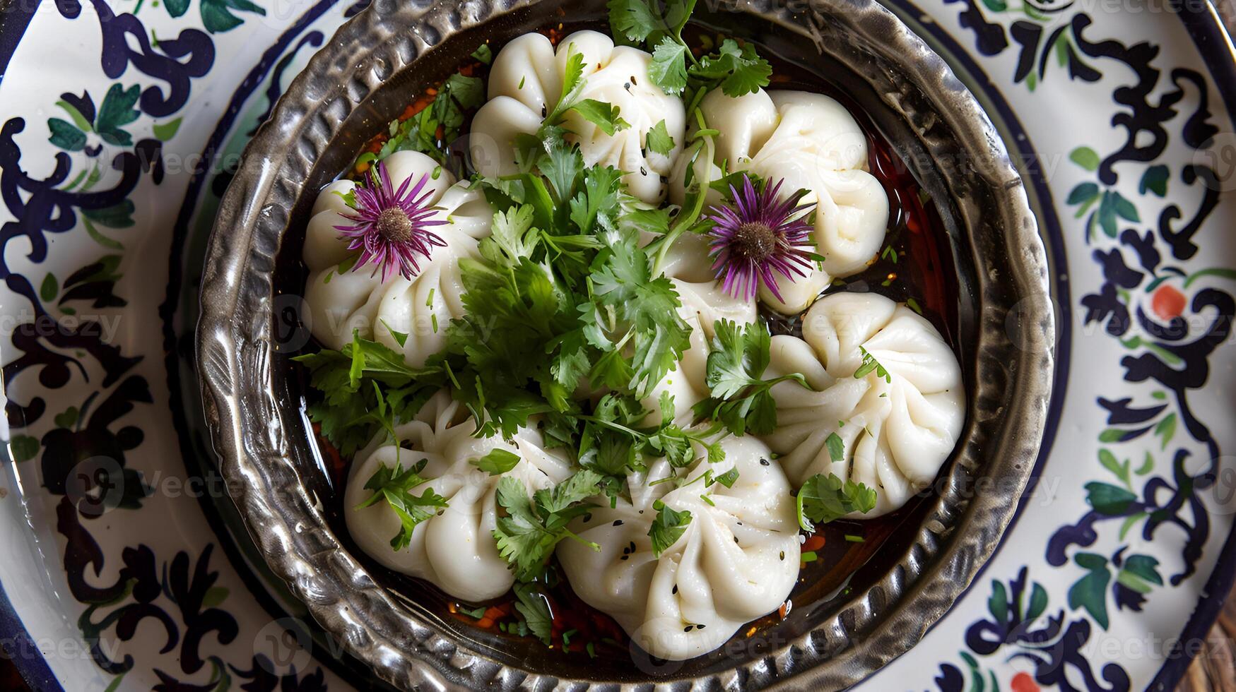 appetizing khinkali dumplings with herbs photo