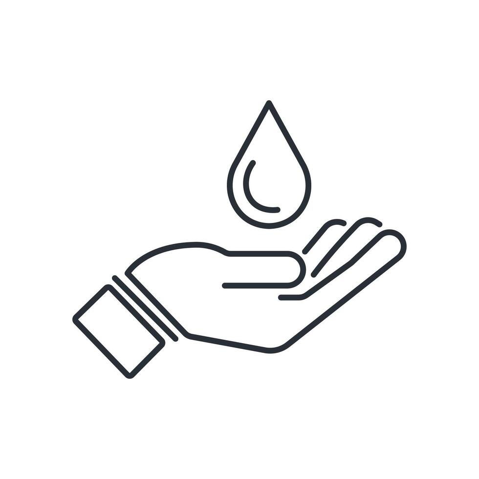 Hand with water drop. Save water line icon vector