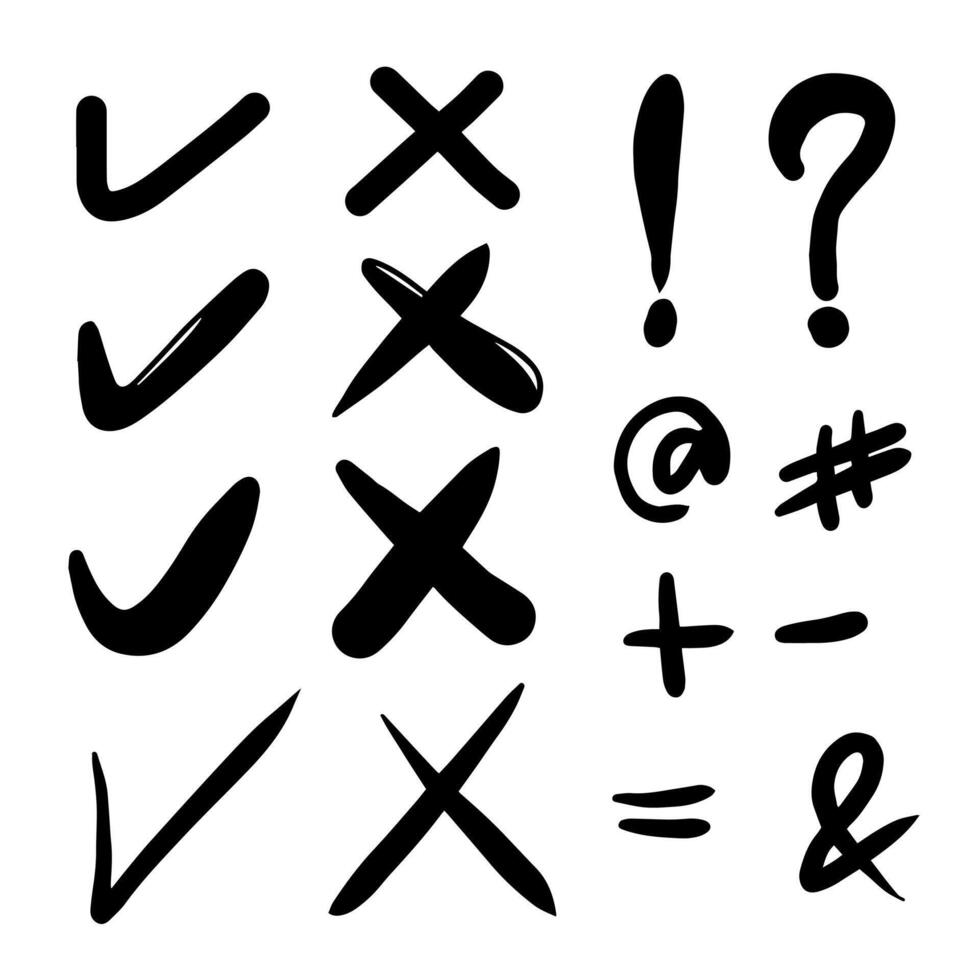 Check mark icon in hand drawn style. Handmade doodle illustration on isolated background. Cross, quustion mark, ecxlamation mark sign business concept. vector