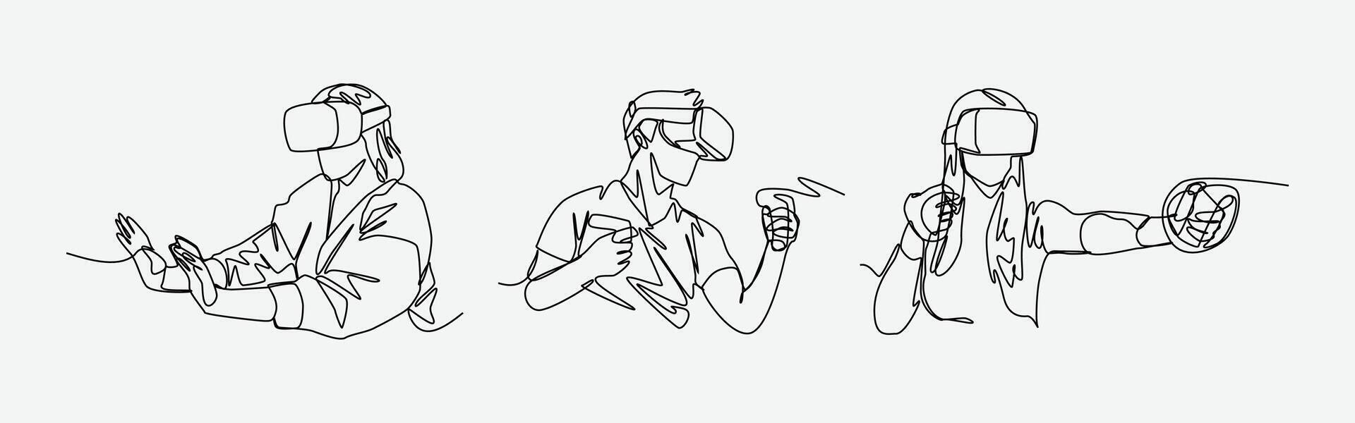 Set continuous line drawing of different people using vr headset. playing game, learning, watching with virtual reality. Editable line. Graphic illustration. vector