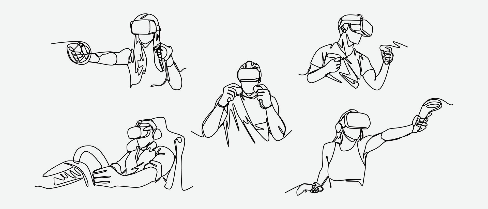 Set continuous line drawing of different people playing game using VR headset. Editable line. Graphic illustration. vector