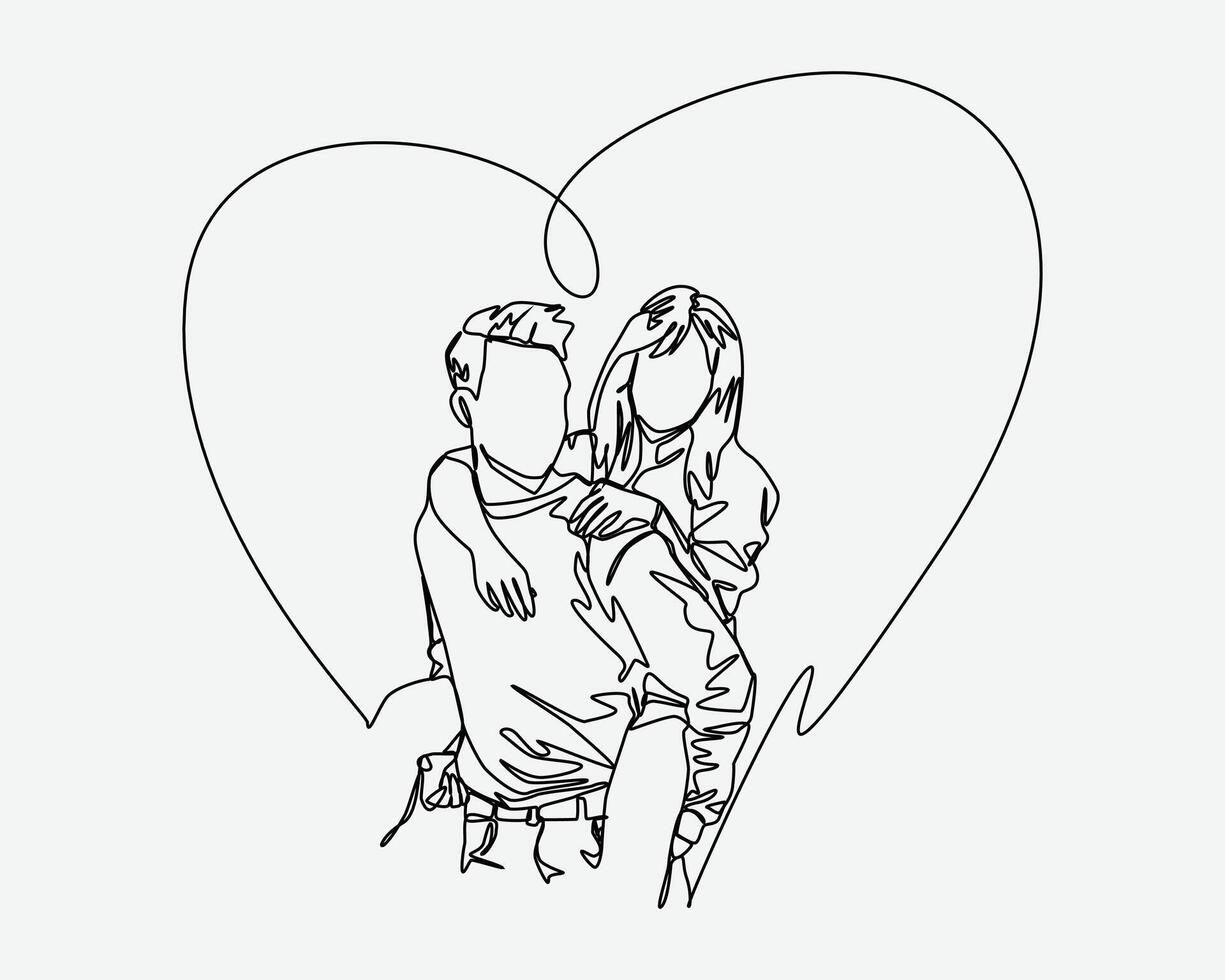 Continuous line drawing of two lovers. Man carrying on back woman with heart sign around her. Editable stroke. Graphic illustration. vector