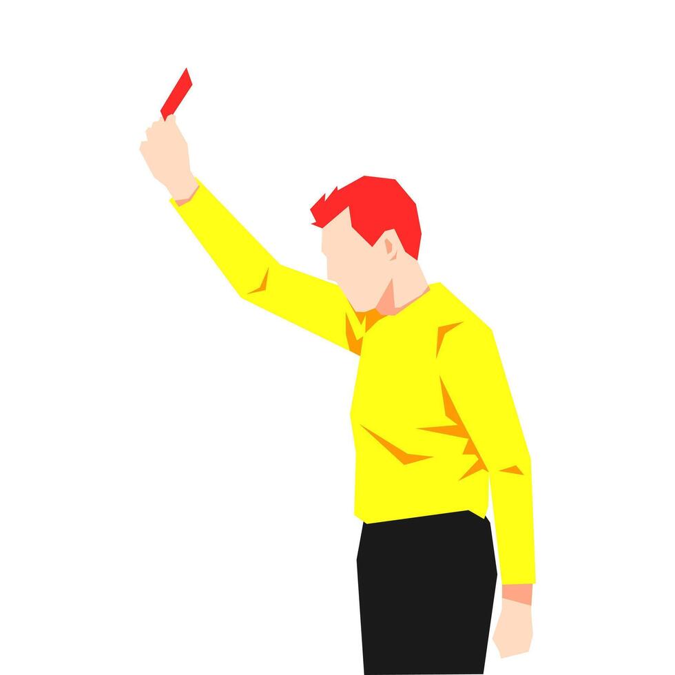 Flat cartoon character of referee gives a red card. Football, soccer sport, foul, rules. Graphic illustration. vector
