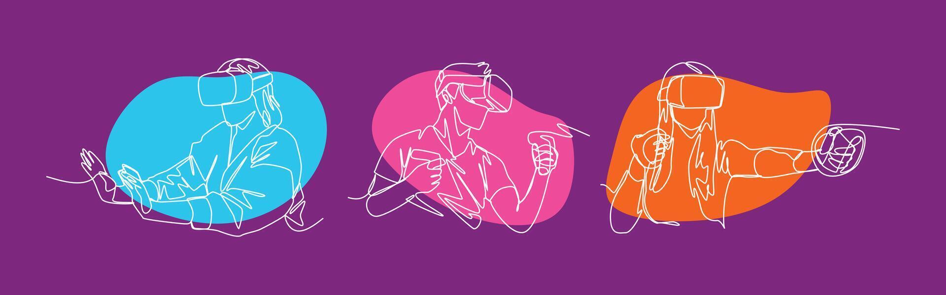 Set continuous line drawing with color of different people playing game using VR headset. Editable line. Graphic illustration. vector