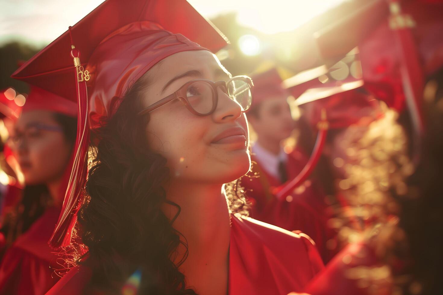 A Hispanic female student wearing glasses a red gown and a cap is graduating University graduation photo
