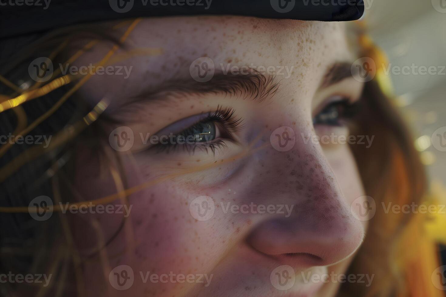 A close-up of a Caucasian girl with freckles in a black graduation cap photo