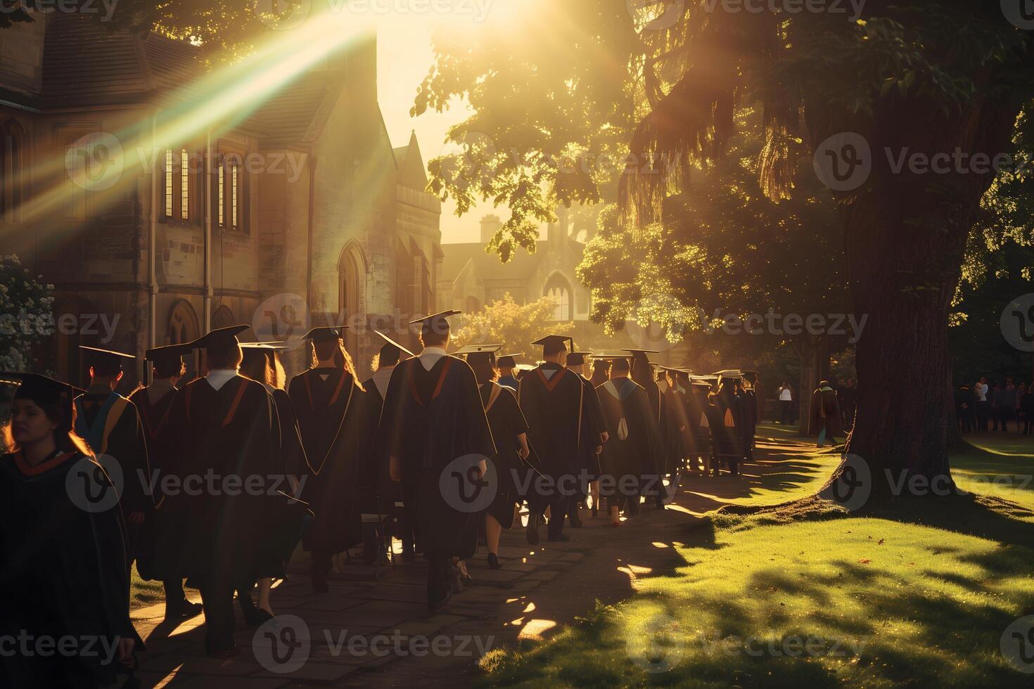 A group of graduates wearing caps and gowns is walking down to the university building photo