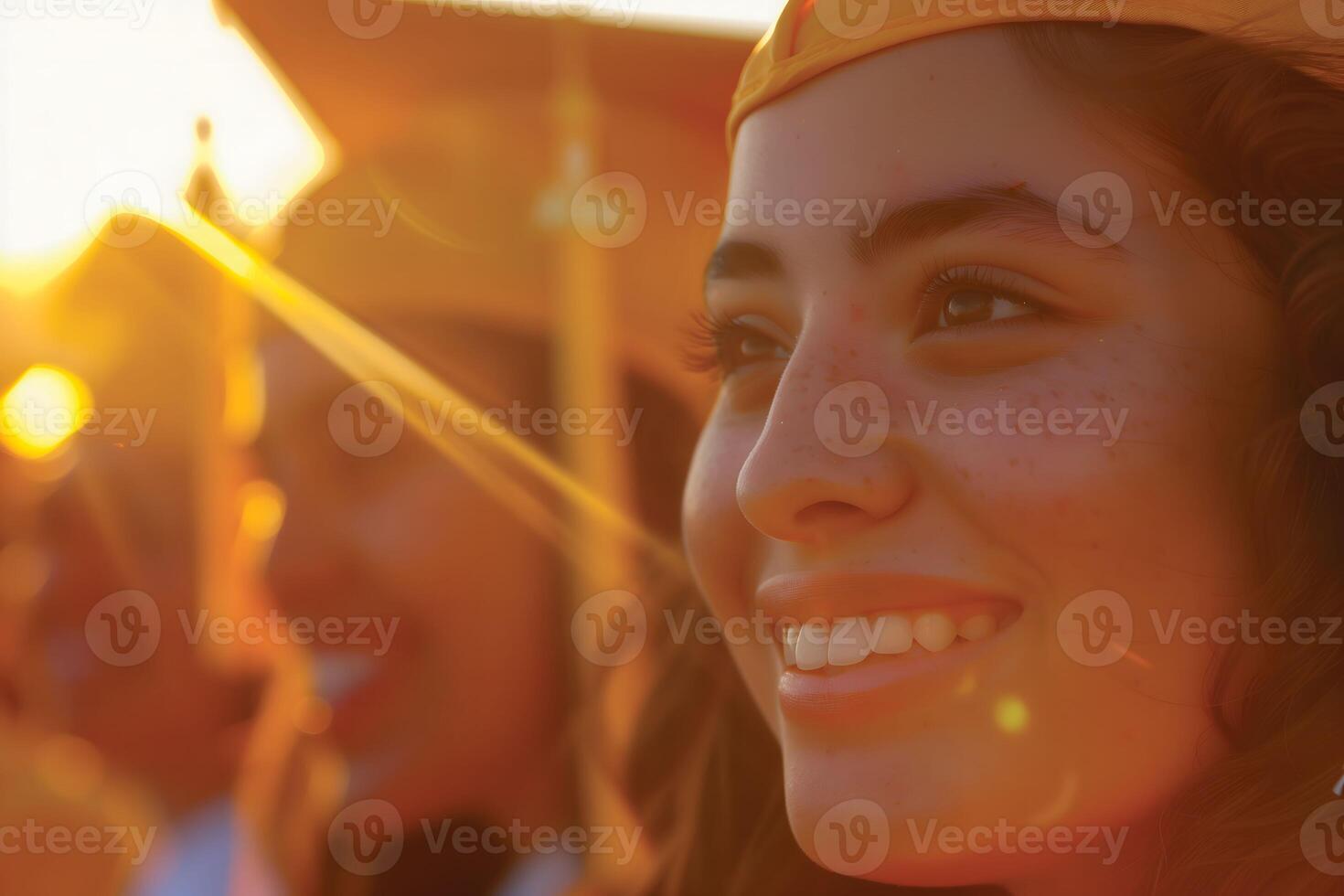 A close-up of a Hispanic girl with freckles in a yellow graduation cap photo