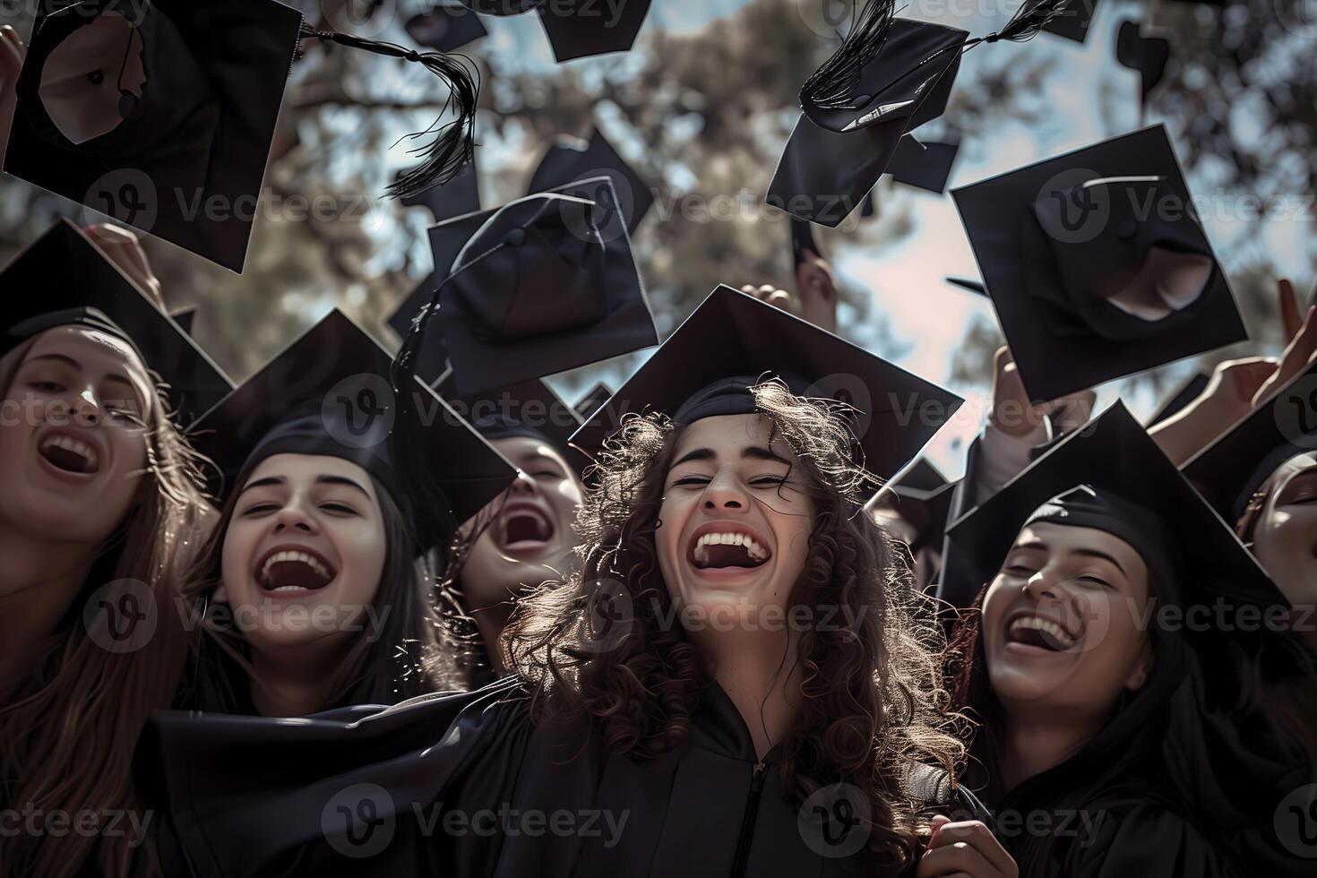 A group of students in graduation gowns celebrating graduation. Graduates embrace and congratulate each other photo