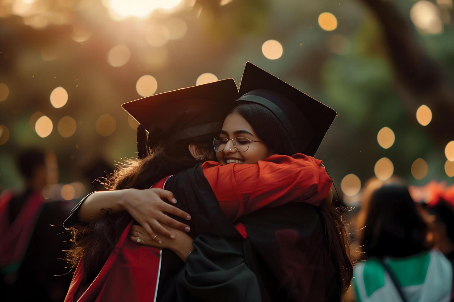 A group of students in graduation gowns celebrating graduation. Graduates embrace and congratulate each other photo