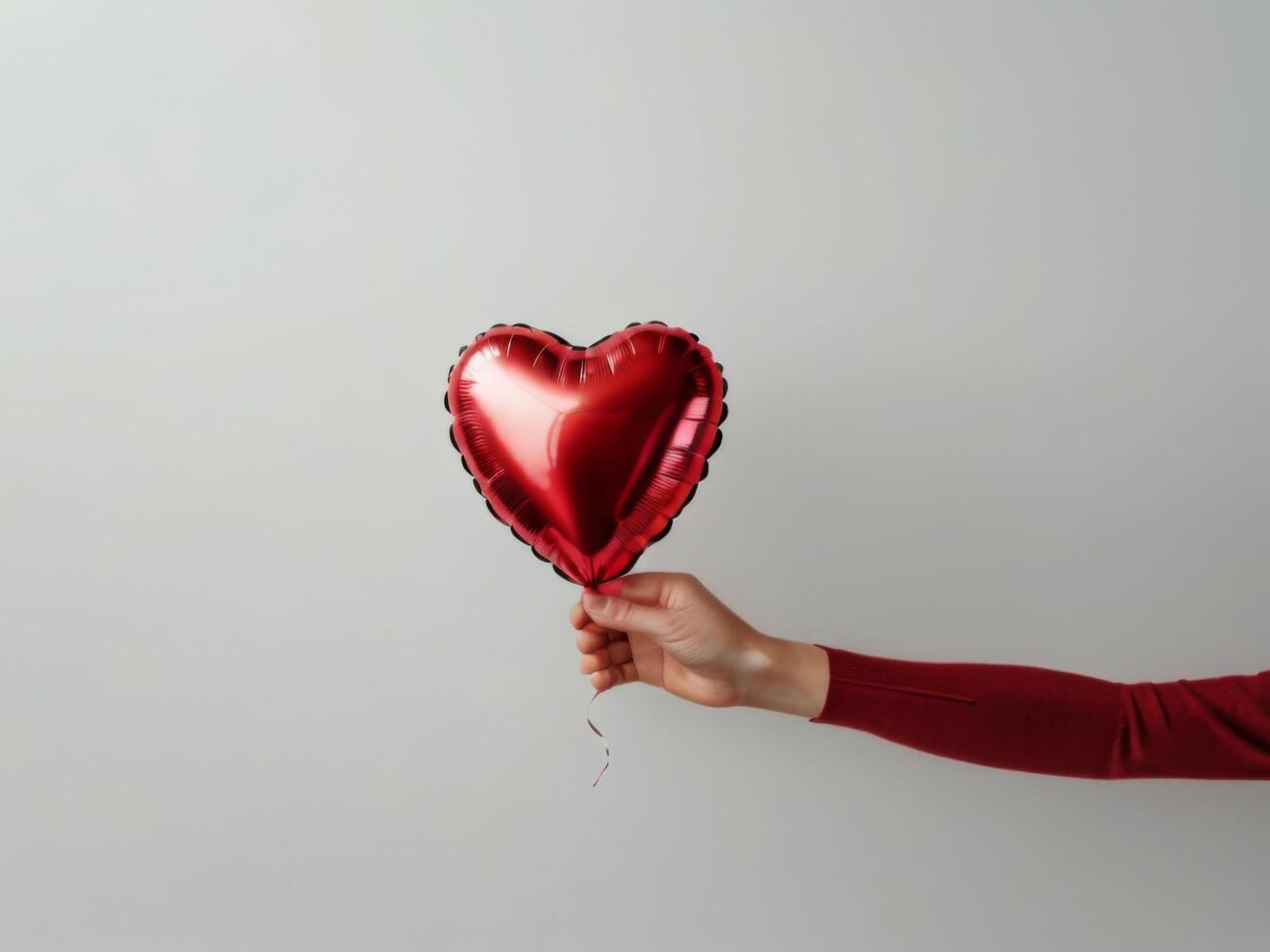 A red heart-shaped foil balloon held by a hand, isolated on a neutral background photo