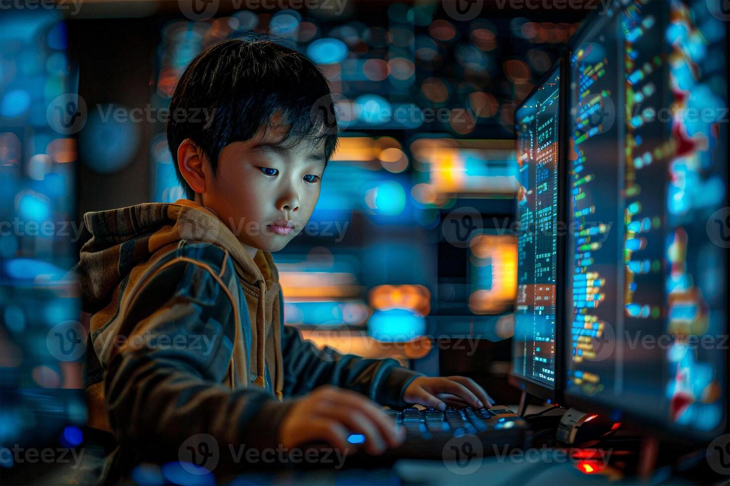 Asian kid using computer and doing programming or coding 46807421 Stock ...