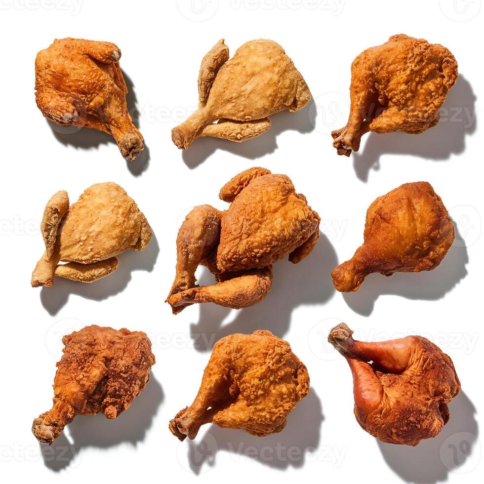 Set of fried chickens isolated on white background, leg piece, full chicken photo