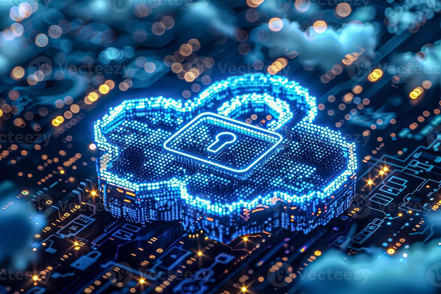 Digital illustration Blue glowing cloud with a lock on over a blue circuit board, cloud computing concept photo