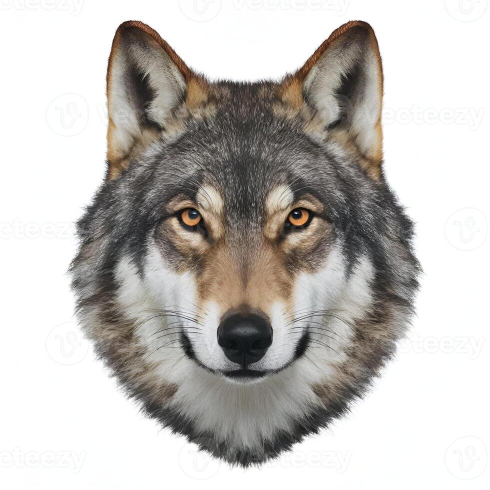 A grey wolf head isolated on white background, smiling canis photo