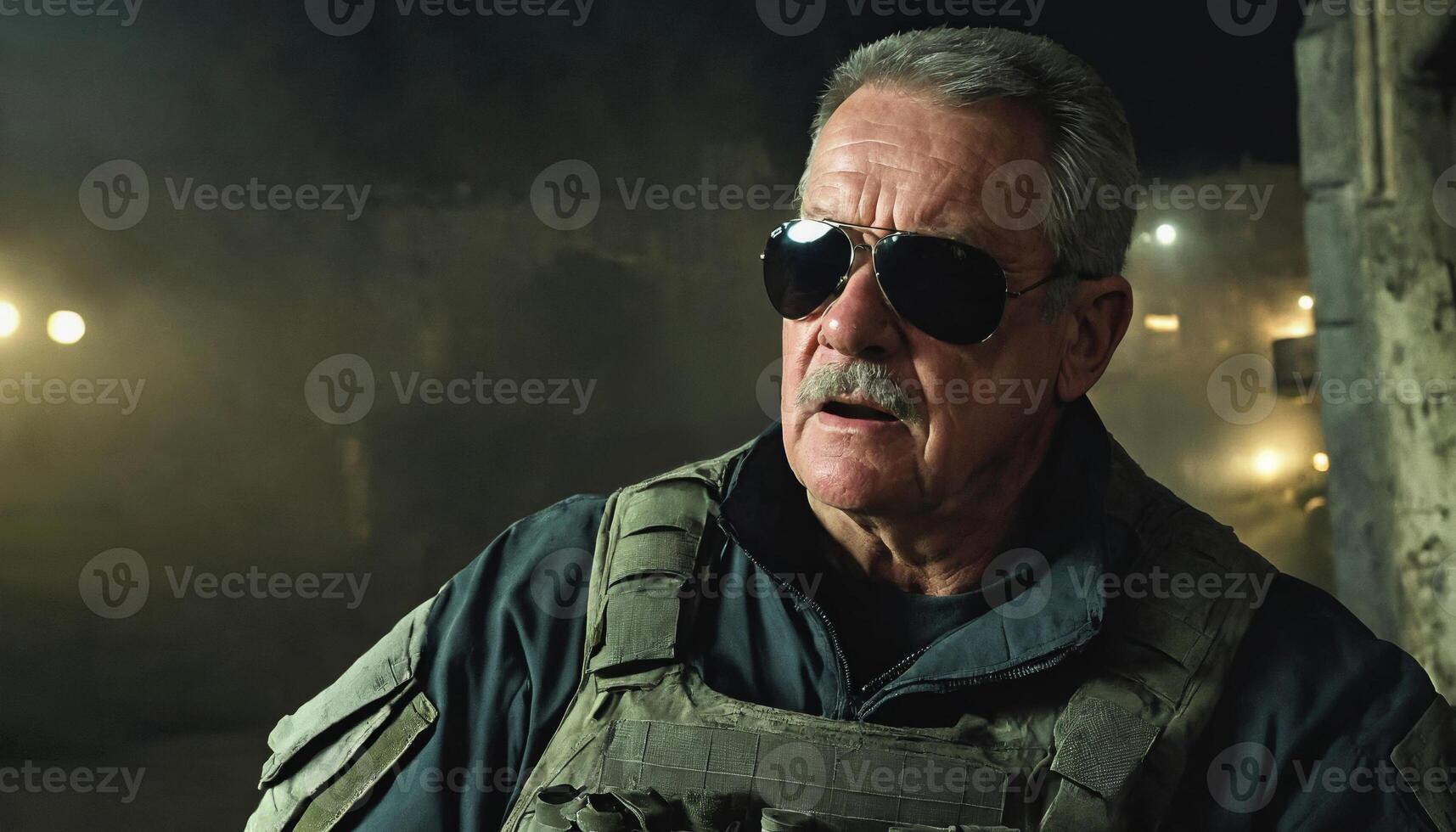 photo of older commander soldier in combat armor outfit on mission scene night ,