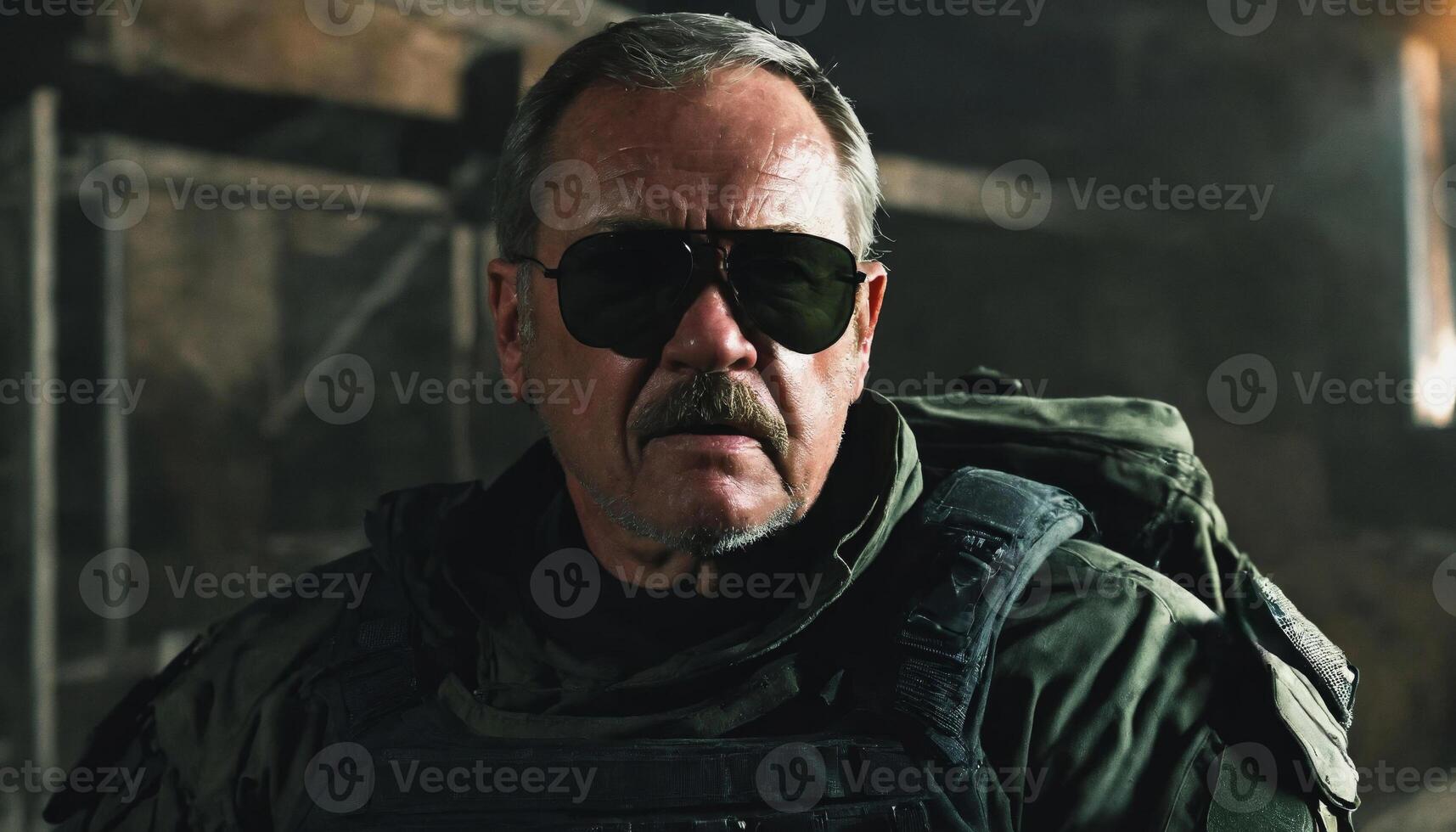photo of older commander soldier in combat armor outfit on mission scene night ,