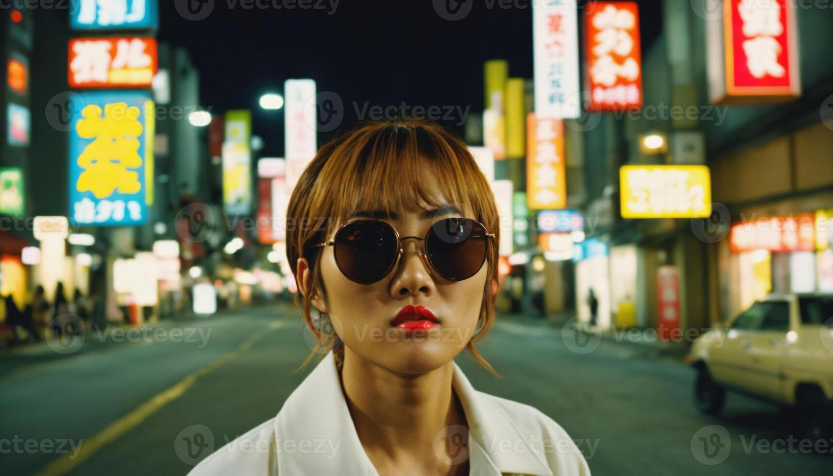 photo of beautiful asian woman in yellow outfit at asian street night market ,
