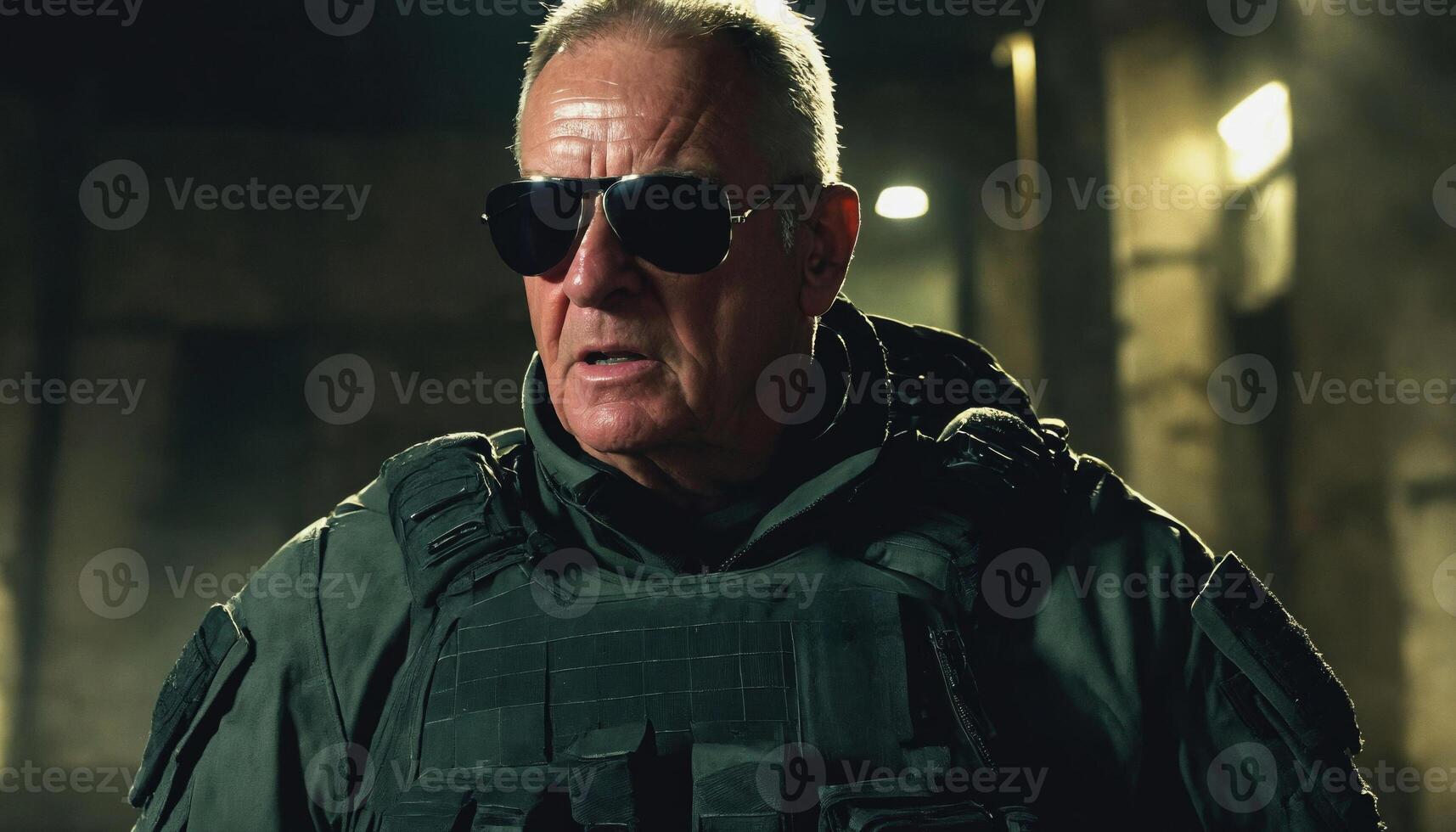 photo of older commander soldier in combat armor outfit on mission scene night ,