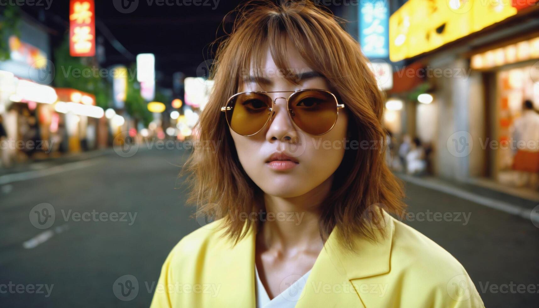 photo of beautiful asian woman in yellow outfit at asian street night market ,
