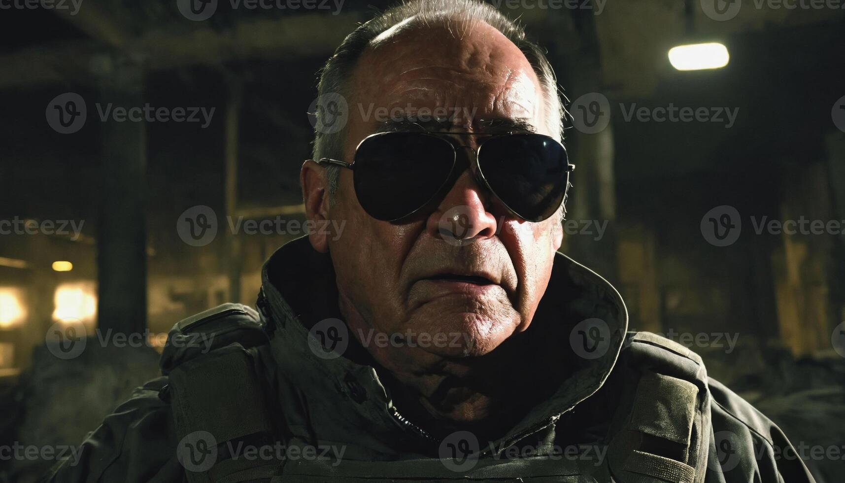 photo of older commander soldier in combat armor outfit on mission scene night ,
