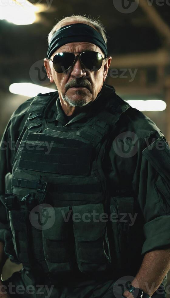 photo of older commander soldier in combat armor outfit on mission scene night ,