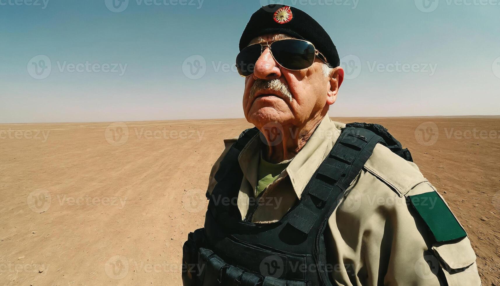 photo of older commander soldier in combat armor outfit on mission scene ,