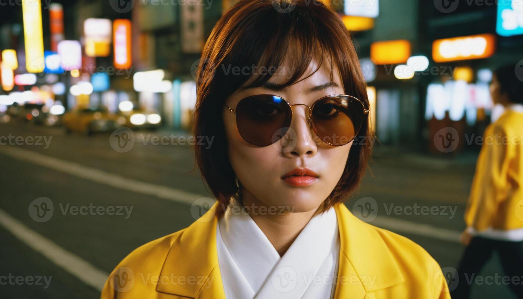 photo of beautiful asian woman in yellow outfit at asian street night market ,