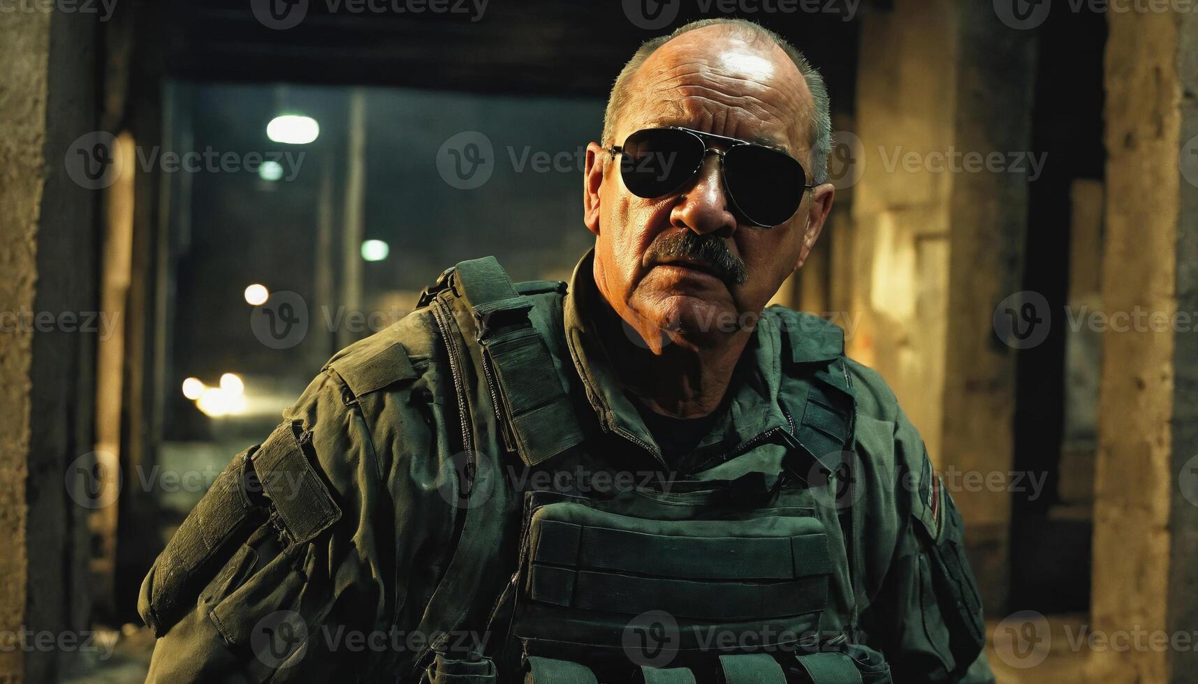 photo of older commander soldier in combat armor outfit on mission scene night ,