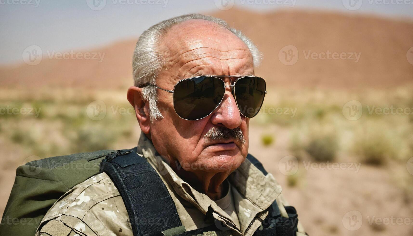 photo of older commander soldier in combat armor outfit on mission scene ,