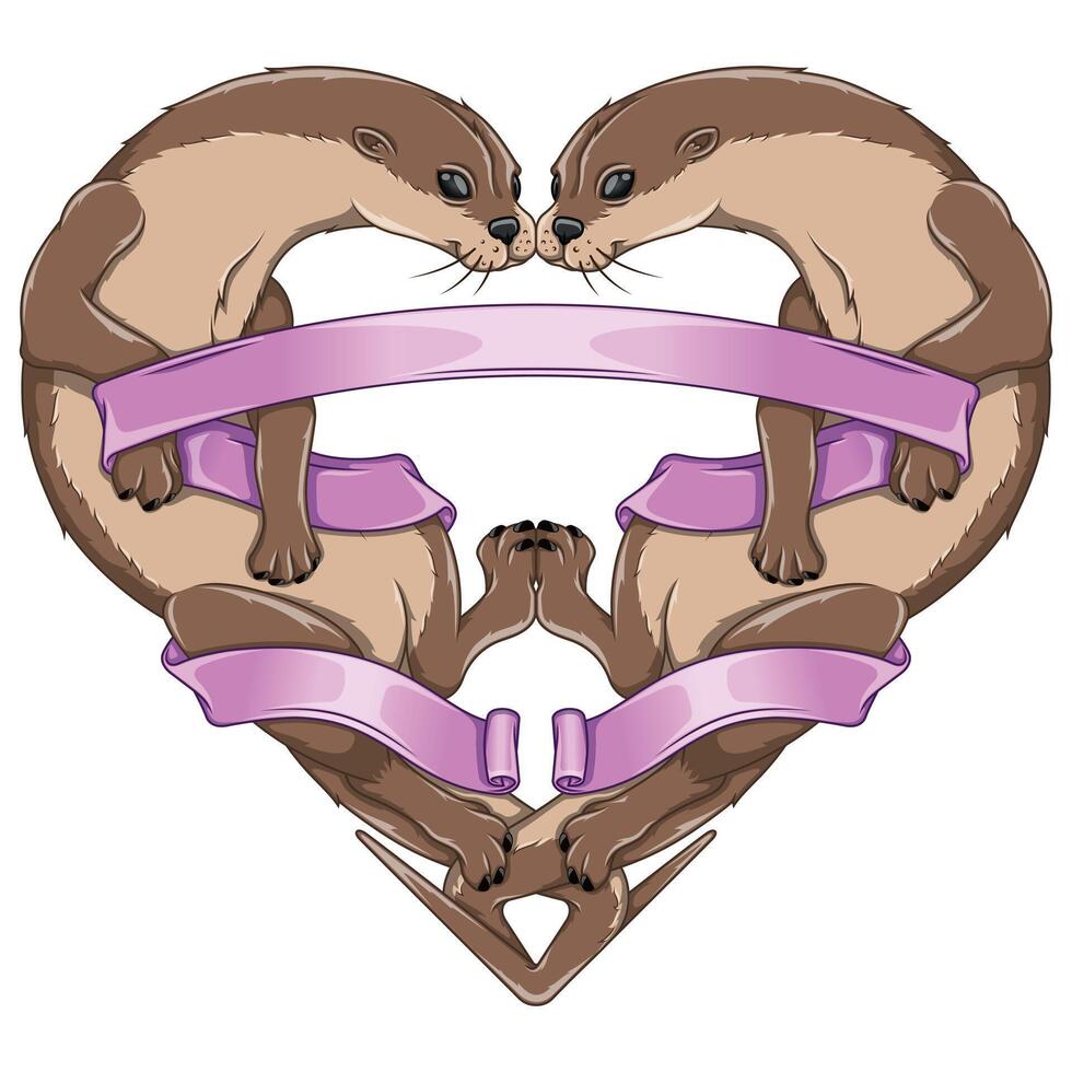 Couple of otters with ribbon forming a heart vector