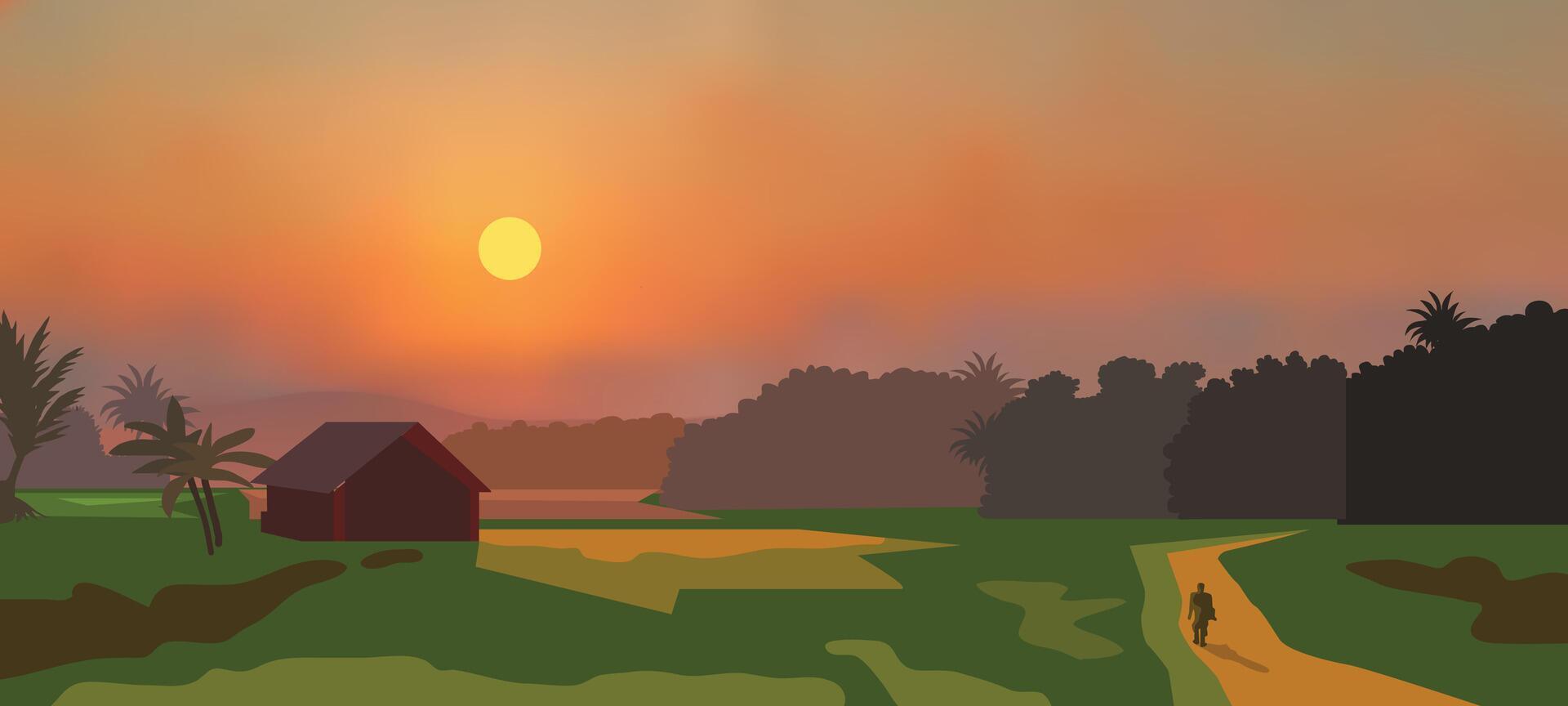 Sunset sky with a hut background. Sun rays yellow orange red illustration. vector