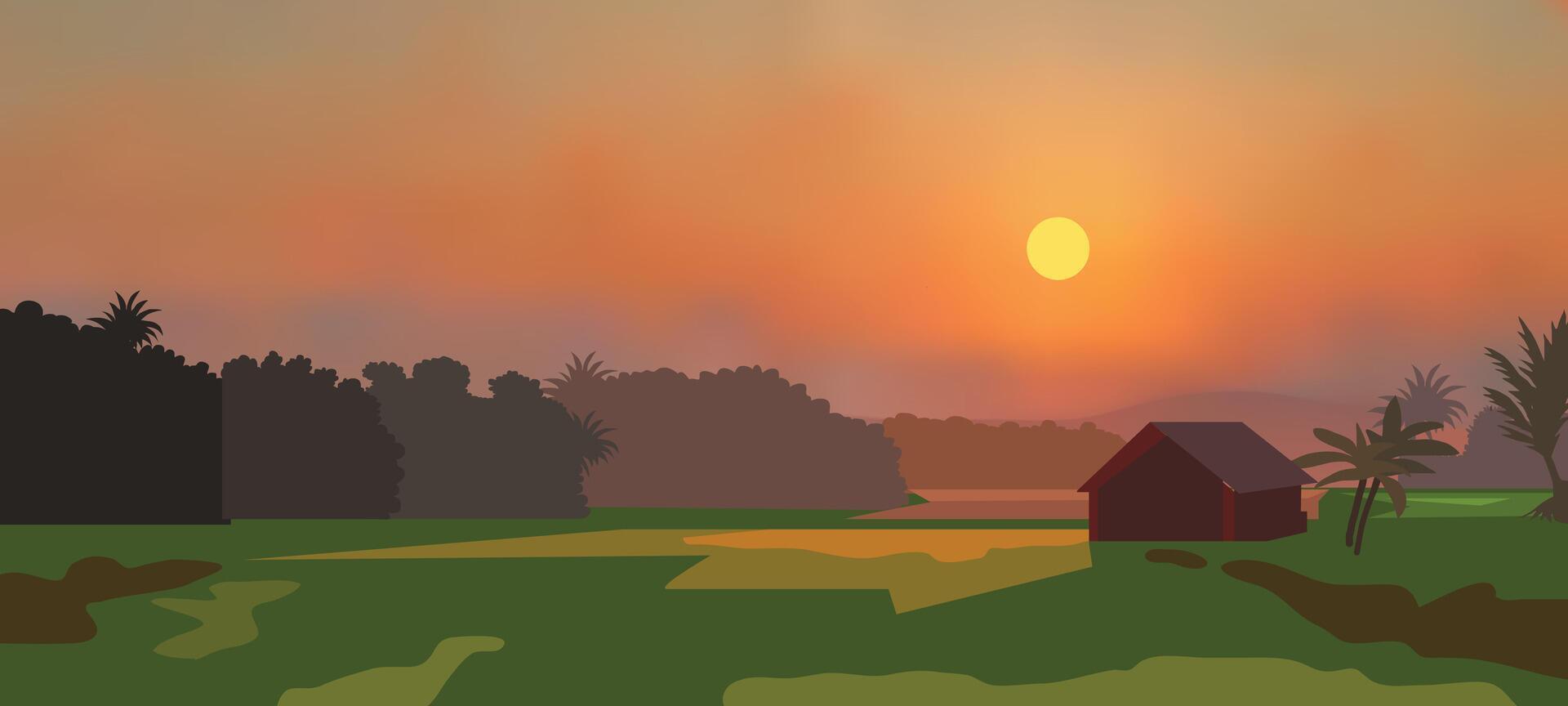 Sunset landscape with a hut in the background. Sun rays sky illustration. vector
