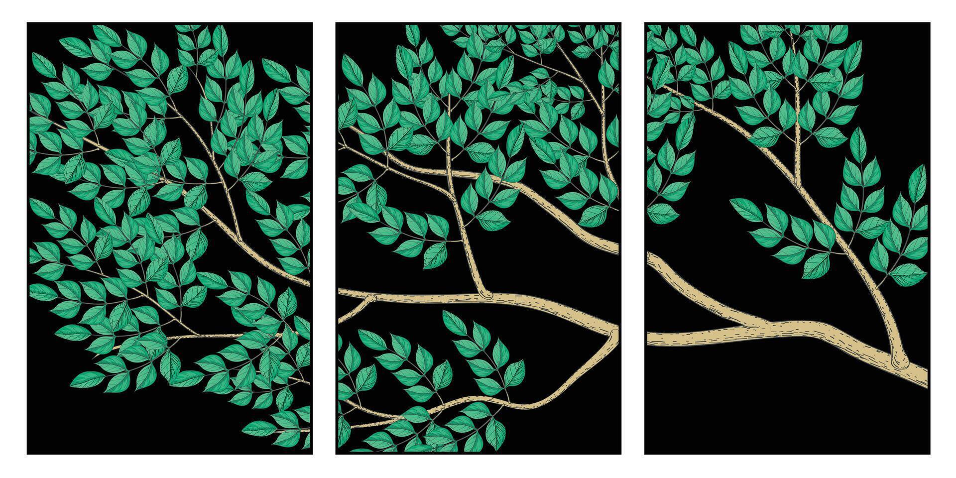 Tryptic green leaves illustration. Isolated on dark background, suitable for brochure, leaflet, booklet. vector
