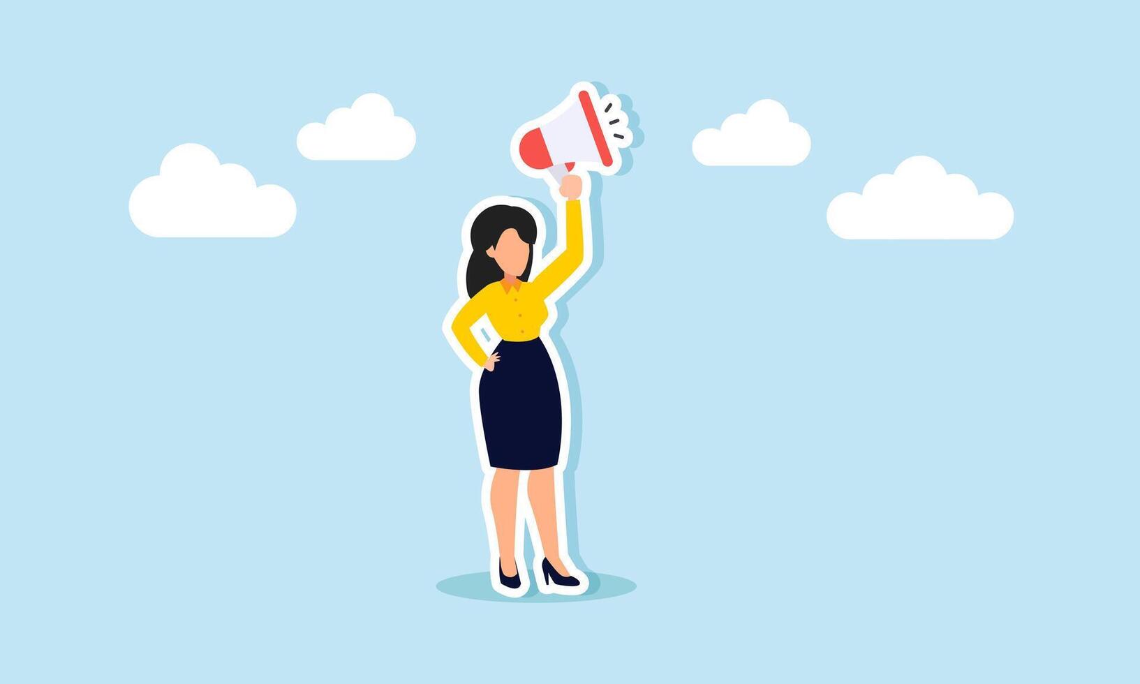 Speak up confidently truth telling, presentation skills, storytelling, and public speaking, concept of confidence businesswoman leader speak out loud on megaphone vector