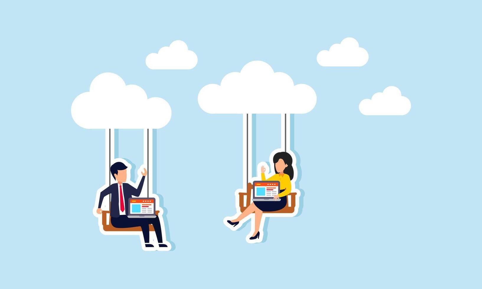 Cloud computing enables remote work on company infrastructure, connecting people with technology, concept of Businesspeople and office employees work on laptops while swinging on a cloud vector