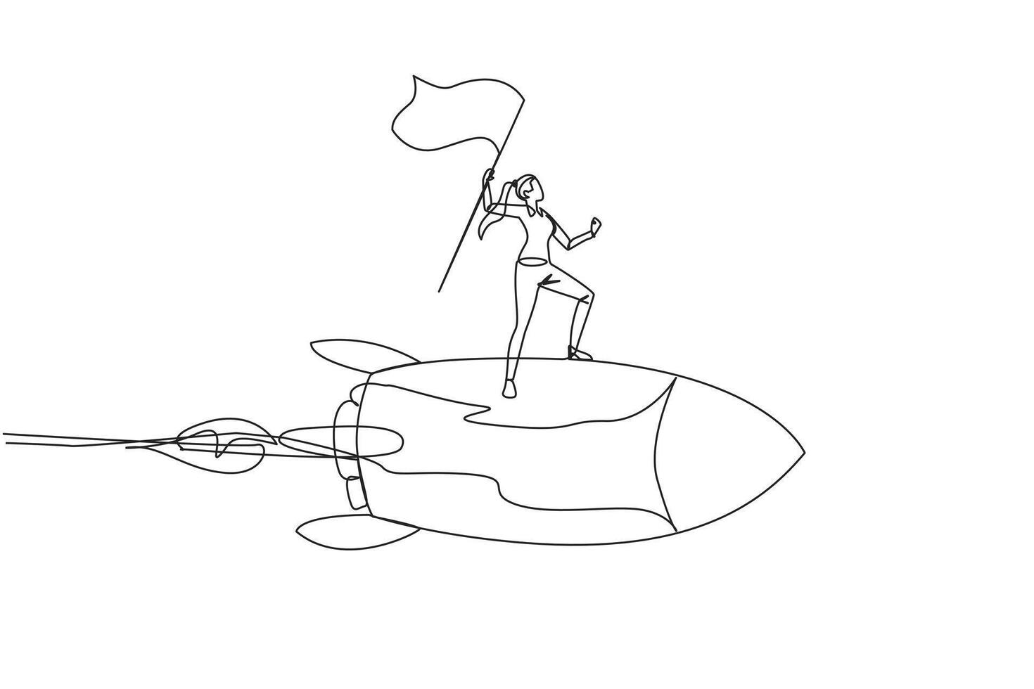 Single continuous line drawing of young successful businesswoman standing on flying rocket through the sky raising the flag. Entrepreneur starting a new business startup. One line design illustration vector